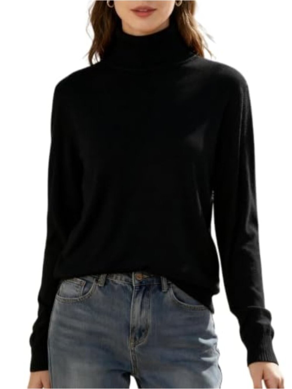 Viscose Blend Turtleneck Long Sleeve Pullover Sweater, Rib Knit, Lightweight &